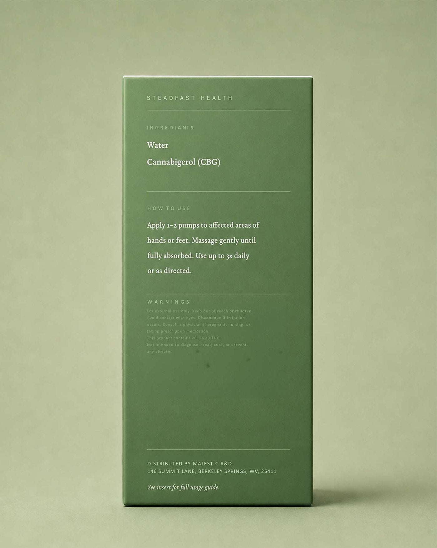 SteadCalm box back panel showing ingredients and usage directions